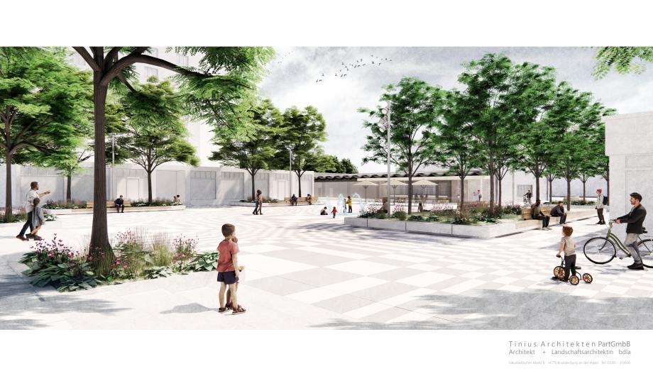 Zu sehen sind Menschen, die auf einem begrünten Platz mit Schatten sitzen.