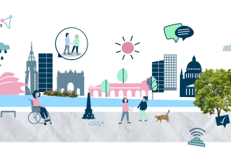 Abgebildet ist eine Illustration mit Menschen und Gebäuden, die einen Bezug zu Potsdam herstellen
