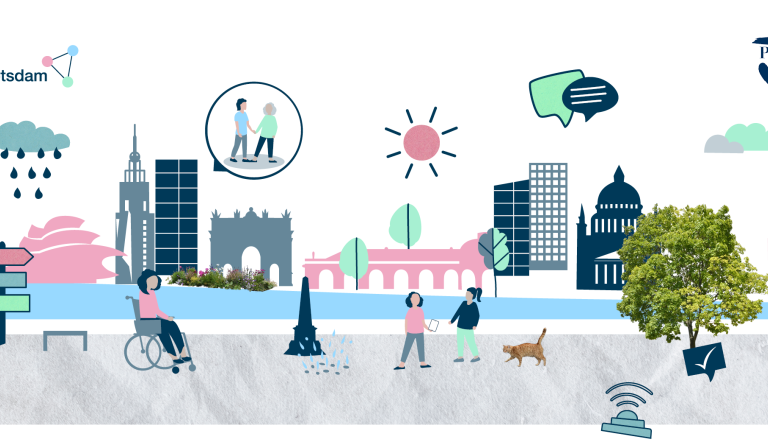 Abgebildet ist eine Illustration mit Menschen und Gebäuden, die einen Bezug zu Potsdam herstellen