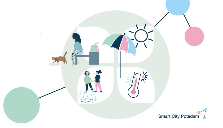 Smart City Potsdam - Cooling Points Die Abbildung zeigt Personen, welche an verschiedenen Orten Abkühlung suchen.