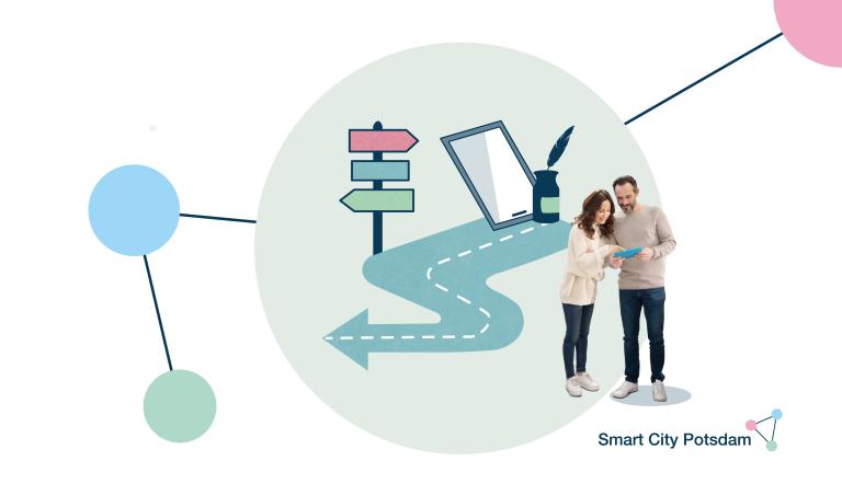 Smart City Potsdam - Digital Analoger Geschichtspfad Zu sehen ist ein Weg, mit einem Wegschild, Menschen und Elementen wie einem Tintenfass und Feder. Diese stehen für das Schreiben von Geschichten.