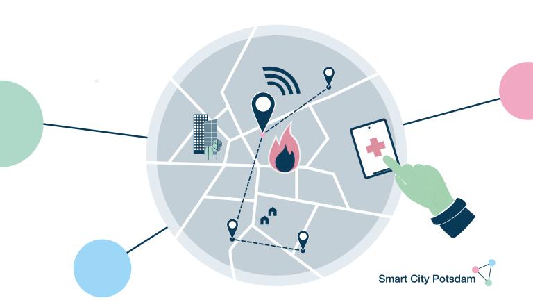 Smart City Potsdam - Notfallnetz Die Darstellung zeigt eine Stadtkarte auf der mehrere Standorte markiert sind, die beispielhaft für das Notfallnetz stehen.