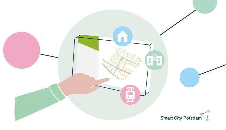 Smart City Potsdam - PaSMo Hier ist der interaktive Tisch als Illustration abgebildet. Eine Hand geht mit dem Finger über das Modell.