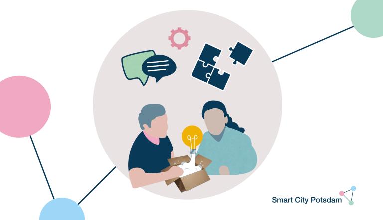 Smart City Potsdam - POTSDAM LAB Es sind in einer Abbildung zwei Personen im Gespräch dargestellt. Weitere Symbole stellen Kommunikation, Ideenfindung und Gedankenaustausch dar.