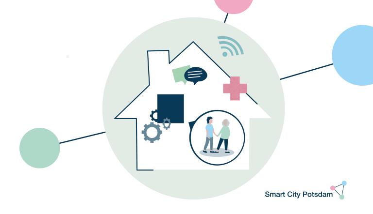 Smart City Potsdam - Soziales Wohnen 2.0 In einer Darstellung wird ein Haus gezeigt. Elemente wie Sprechblasen für Kommunikation und Internet sowie Personen stehen für ein verbessertes Miteinander