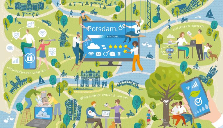 Smart Potsdam Dieses Wimmelbild zeigt, wie Menschen zusammenarbeiten oder kommunizieren und brngt Mensch und Technik zusammen.
