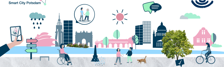 Abgebildet ist eine Illustration mit Menschen und Gebäuden, die einen Bezug zu Potsdam herstellen