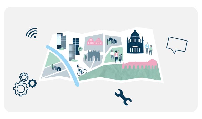 Die Grafik zeigt ein Stadtviertel mit Baulichen Elementen, die für Potsdam typisch sind.
